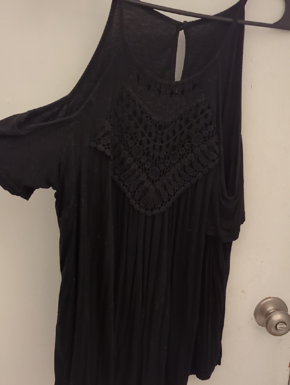 Black Crochet-Yoke Cold-Shoulder Women's Top